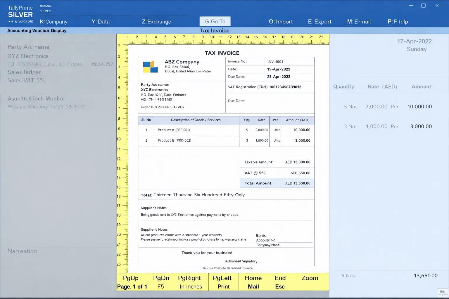 UAE VAT Dash board in tally prime